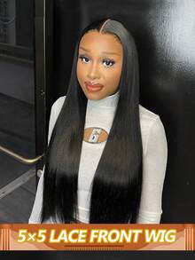 直发真人发假发 5x5 透明蕾丝前额假发 巴西真人发假发 预先拔毛 带婴儿发 180% 密度 适合女性日常佩戴 - Natural Black - 查看 2