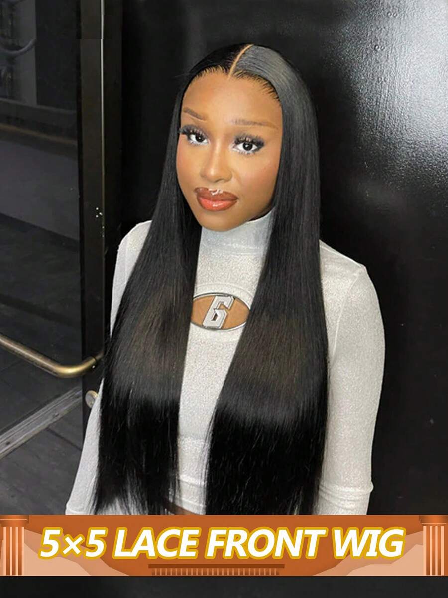 5英寸x5英寸透明蕾丝顶100%巴西真人发直发假发，180%密度，带婴儿发，适合女性日常佩戴 - Natural Black - 查看 1