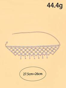 1pc Silver Rhinestone Grid Choker Necklace With Tassel, Fashion Jewelry Necklace For Women, Party Accessory Gift - Silver - View 6