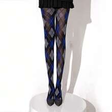 Women Argyle Plaid Mesh Tights High Waisted Preppy Sheer Stockings Slim Plaid Retro Pantyhose Lingerie Hosiery - 黃咖啡 - 查看 10