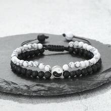 1件阴阳太极串珠编织手链，可调节双排天然石手镯，男女情侣幸运护身符饰品礼品 - 彩色 - 查看 7