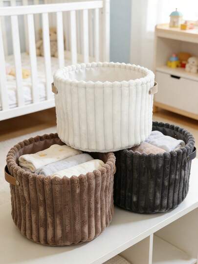 1个婴儿房竖条纹毛绒收纳篮，带皮质提手，多功能衣物玩具整理箱，3种颜色可选，婴儿房玩具衣物收纳篮，带提手，家用杂物桶