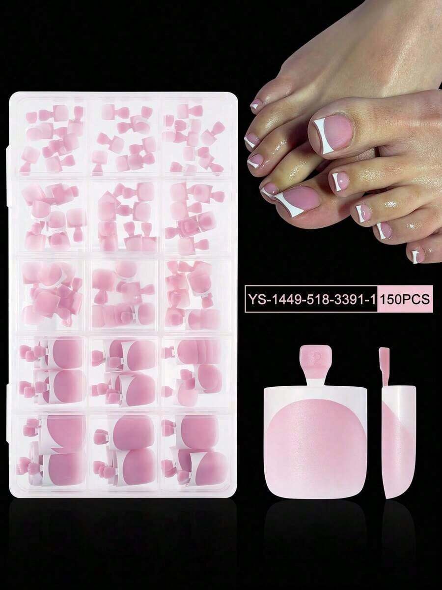 150Pcs/Box Pink Toe Nail Press On Square French Tips Toe Press On Nails Pre-Designed Soft Gel Thick False Toenail Extension Acrylic Full Cover Fake Toenails Nail Supplies Nails SDRD - Hình bầu dục - Xem 1