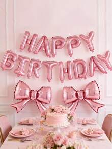 1/2套粉色蝴蝶結生日氣球套組，含「Happy Birthday」氣球橫幅裝飾，鋁箔氣球，適合1歲生日派對裝飾、寶寶洗禮派對裝飾、生日裝飾、公主主題派對用品、蝴蝶結裝飾、新娘洗禮裝飾、性別揭曉派對用品，適用於女嬰派對背景裝飾 - 粉紅色蝴蝶結 - 查看 3