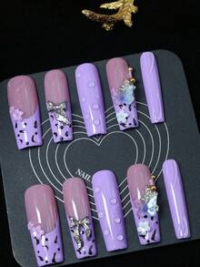 CrystalHola Handmade Coffin-Shaped Nails, Y2K Style Nails, Spring/Summer, Purple & Black Color With Rhinestones, Bows, Butterflies, Leopard Print, French Tips, Pure Handmade Nails. Suitable For Women And Girls. 10 Pieces/Set, 3 Sizes. Fits Parties, Weddings, And Daily Wear. Includes Tools. Great Gift For Ladies' Nail Supplies. - Multicolor - View 12
