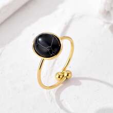 1 pieza Anillo de piedra natural personalizado de moda para mujer, anillo abierto ajustable de acero inoxidable - Oro + Piedra agrietada negra - Ver 3