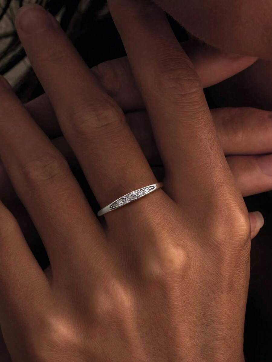 1pc S925 Sterling Silver Round Cubic Zirconia Ring, Minimalist Delicate Micro-Inlaid Diamond Thin Band Ring For Women, Suitable For Daily Wear, Fresh & Versatile, Valentine's Day Gift - Diamond - View 1