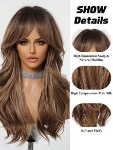 Perruque ondulée de 22 pouces de long avec frange sur le côté, racines foncées, perruque brune pour femmes avec ombré brun et blond. Perruque synthétique résistante à la chaleur pour usage quotidien, fête et cosplay - Brun ombré - Voir 9