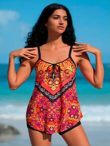 2026  Tankini Bathing Suit For Women, Orange And Pink Bohemian Print Cami Top With Black Boyshort Bottoms - Flower color(花色) - 查看 7