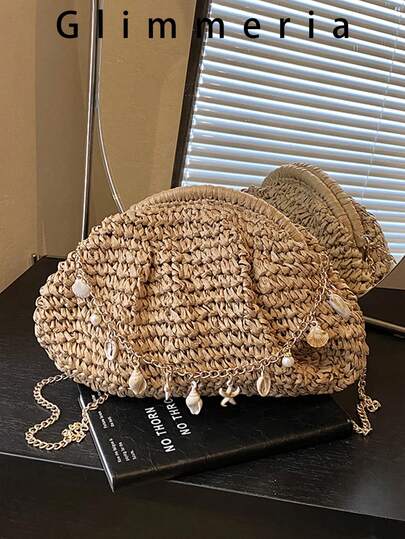 French Niche Minimalist Woven Shell Handbag, New Chain Shoulder Crossbody Bag, Beach Straw Bag