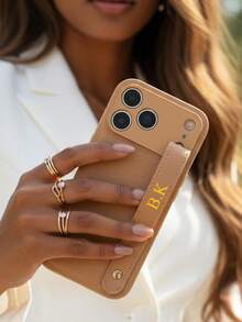 Luxury Litchi Texture Monogram Wrist Strap Phone Case Compatible With Apple 17 Pro Max 16 15 14 13 12 11 Pro, Customizable Monogram Name, Minimalist Anti-Fingerprint Anti-Drop Anti-Shock Couple Phone Case Soft Shell, Valentine's Day Gift, Birthday Gift, Holiday Gift, Personalized Gift For Him And Her - Chocolate Brown - View 4