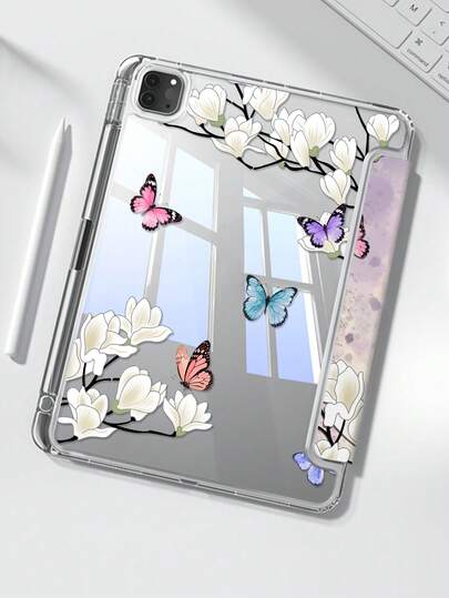 Ốp lưng hai mặt bằng acrylic trong suốt hình bướm và hoa hoạt hình dễ thương, chống sốc, phù hợp với iPad thế hệ thứ 7, 8, 10 (10.2 inch), có khe cắm bút cảm ứng, hỗ trợ chức năng bật/tắt màn hình, là lựa chọn quà tặng lý tưởng.