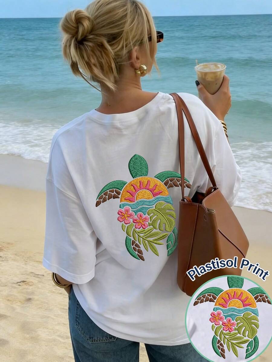 夏季新款简约时尚刺绣海龟印花休闲圆领短袖T恤，百搭时尚女式上衣 白色 - 白色 - 查看 1