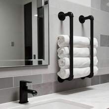 French Country Style Wrought Iron Towel Rack - Industrial Pipe Design, Wall Mounted Bathroom Towel Holder, Matte Black, No Electricity Needed - Black - View 2