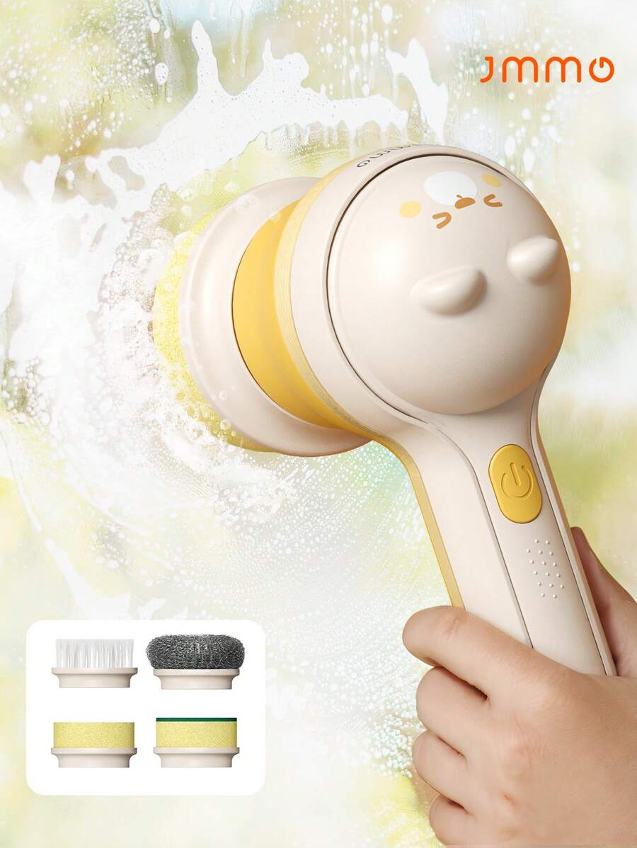 JMMO Electric Kitchen Spin Scrubber, Cordless Spin Brush With 4 Replacement Heads, Bathroom Scrubber With 2 Kinds Of Speeds, Lightweight Shower Cleaning Brush, Good Helper At Home - Yellow - View 1