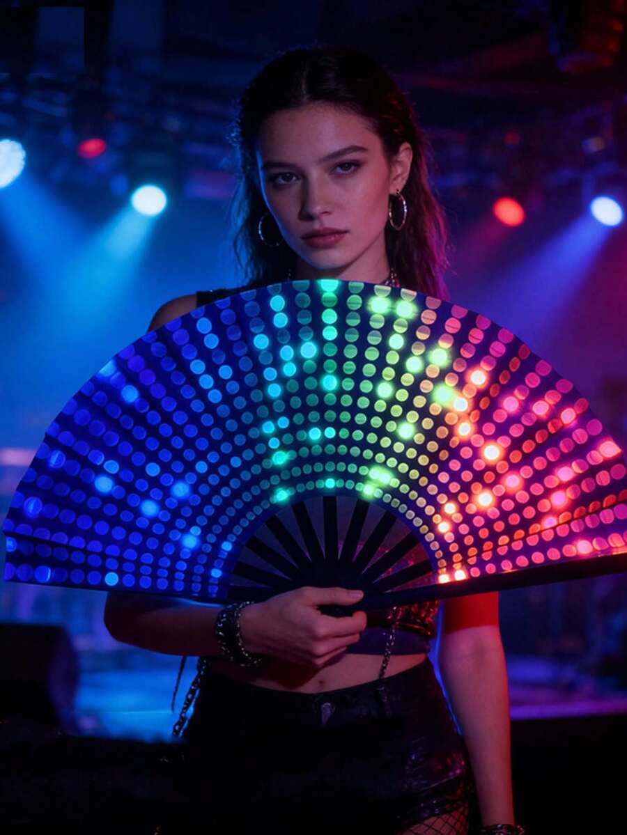1pc Plastic Kung Fu Fan, Glowing Disco Folding Fan With UV Printing - Multicolor - View 1