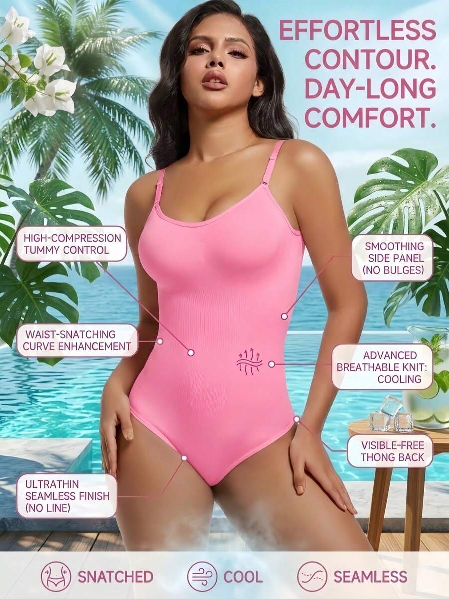 一件式无缝塑身衣，隐形提臀收腹，舒适弹力肩带，收腹提臀，连体裤配丁字裤，女士无缝塑形连体裤，提臀提臀连体裤配丁字裤 - 粉色 - 查看 1