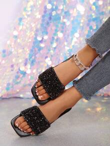 舒适、时尚、宽松、四季皆宜的黑色水钻女士平底拖鞋 - 黑色 - 查看 3