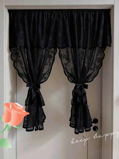 וילון 1 יחידות עם גימור תחרה בצבע בז', וילון מחיצת חדר שקוף למחצה בסגנון בוהמי עם דוגמא פרחונית נוחה, וילון חלון דקורטיבי לחדר שינה, סלון, עיצוב הבית, מתאים לכל עונות השנה