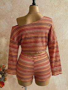 Rainbow Color Hollow Weave Striped Asymmetrical Shoulder Long Sleeve Shorts 2-Piece Set, Plus Size, Spring/Summer Resort Elegant - Multicolor - View 4
