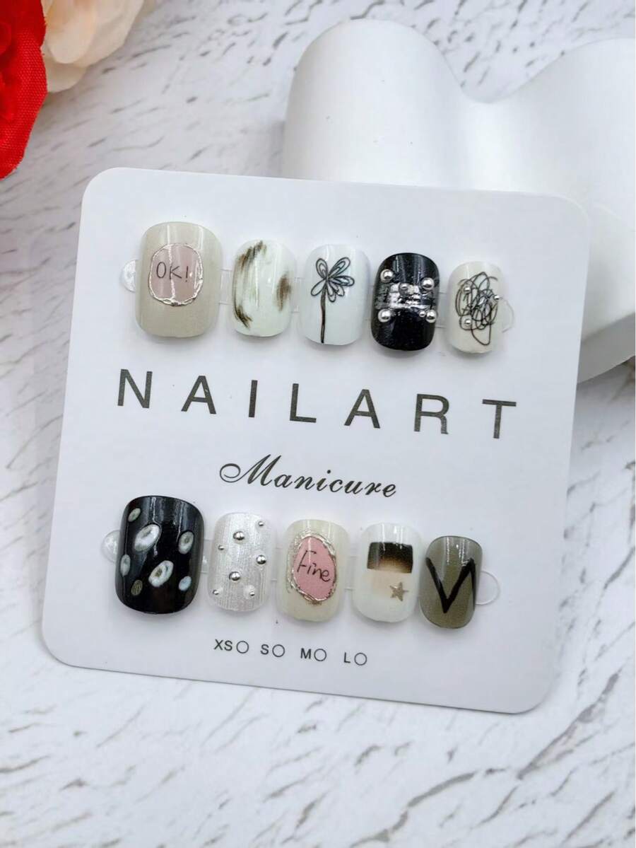 10片手工美甲贴纸，黑白短椭圆形，精美香氛法式美甲，印花美甲，适合新年、情人节、UV凝胶美甲、夏季美甲贴片