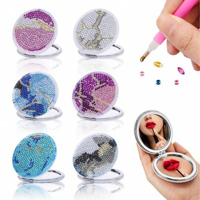 1件装钻石画工艺套装，迷你镜子，不对称图案设计，PU皮革材质，小巧化妆镜 - 便携方便，适合通勤、购物、旅行或梳妆时快速补妆