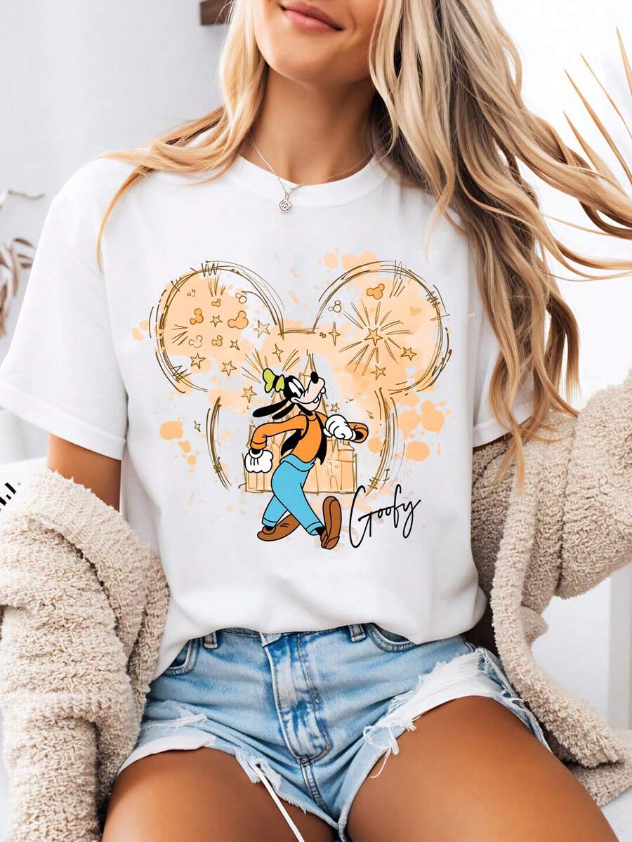 Disney-Style Women's Graphic Tee Featuring An Orange Mickey Mouse Head With Goofy Walking Cartoon Print. Women's Summer Clothing With A Crew Neck Design. Made From Soft And Comfortable 100% Cotton Fabric, Perfect For Everyday Wear, Outdoor Activities, Or Shopping Outings. Also Ideal As Women's Vacation Wear. - White - View 1