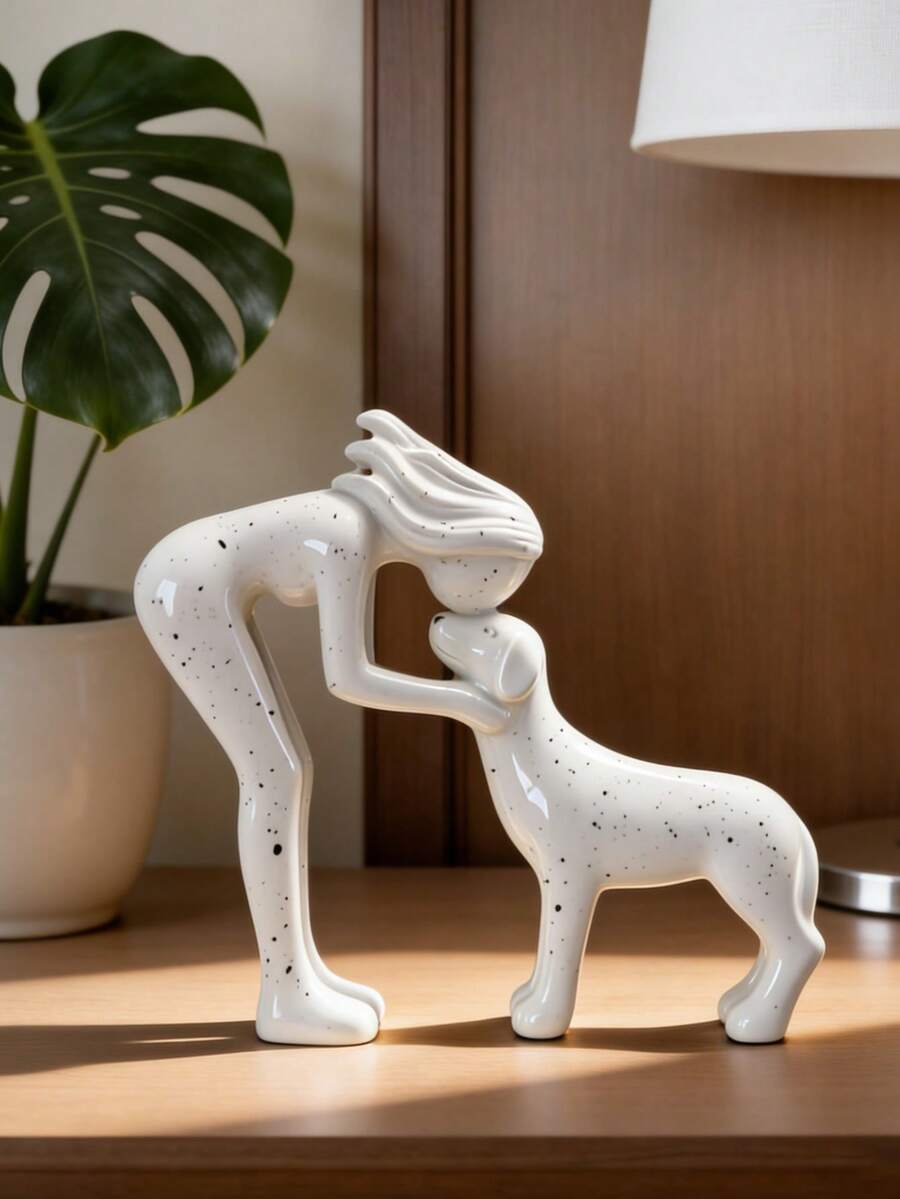 1件現代抽象樹脂雕塑 - 女士與狗雕像，極簡白色帶黑斑雕像，適合客廳、臥室、辦公桌、咖啡桌、書架、玄關，寵物愛好者、動物愛好者的理想禮物，喬遷、婚禮、生日，當代藝術裝飾，為任何室內空間增添溫馨與風格 - A - 查看 1