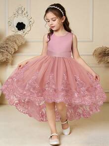 Váy cưới đính hoa thanh lịch bằng vải tuyn thêu nơ satin cho bé gái, thích hợp cho tiệc sinh nhật, không bao gồm băng đô - Bụi hồng - Xem 1