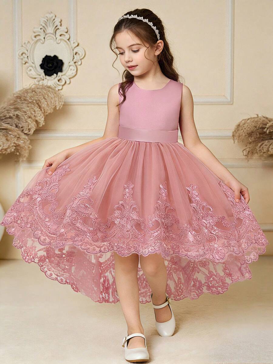 Váy cưới đính hoa thanh lịch bằng vải tuyn thêu nơ satin cho bé gái, thích hợp cho tiệc sinh nhật, không bao gồm băng đô - Bụi hồng - Xem 1