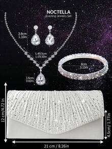 Noctella Shiny Rhinestone Ladies' Evening Bag, Stylish Solid-Colour Pleated Envelope Clutch, Paired With A Luxurious Sparkling Rhinestone Three Pieces Set, Necklace, Bracelet, And Earrings, Perfect With Evening Gowns, Party Dresses, Wedding Dresses, Sequin Dresses, Suitable For Dinners, Parties, Balls, And Graduation Ceremonies - Silver - View 3