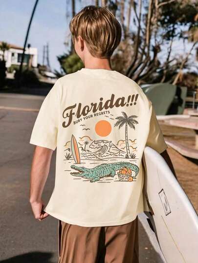 Áo thun cổ tròn in hình hoạt hình bãi biển Florida dành cho thiếu niên, phong cách Y2K, chất liệu mềm mại và thoải mái, phù hợp cho kỳ nghỉ, mùa xuân/hè.