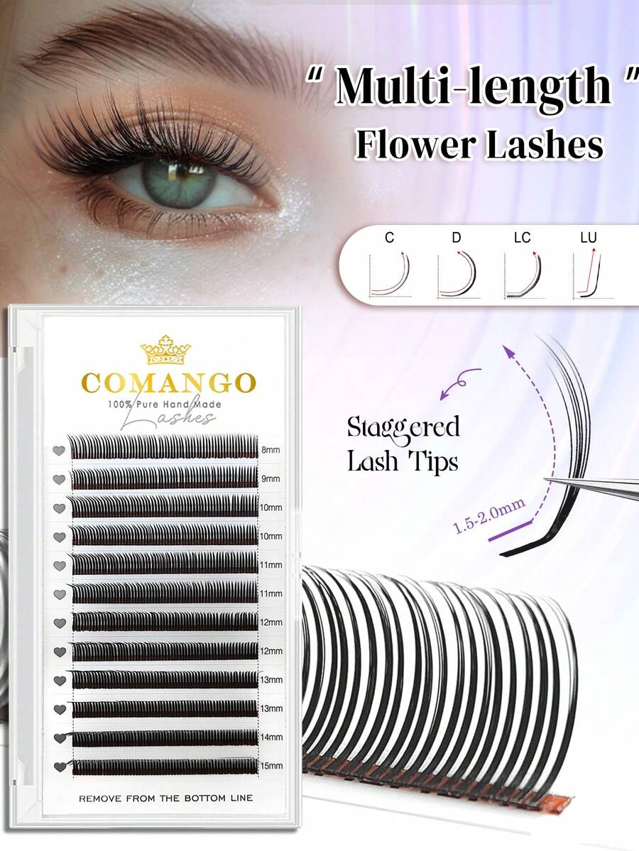 CoMango 12 Pairs LC Curled Thin 3D/5D/6D Fairy Eyelash Extension Set, Wet Lash Cluster Fan-Shaped Pre-Made Lashes, 5D Floral Mink False Eyelashes, Makeup Supplies - LC - 查看 1
