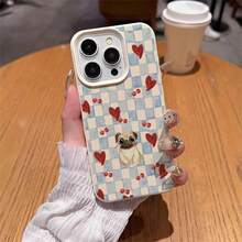 1 pieza Funda de teléfono suave y protectora contra caídas con cobertura completa, compatible con iPhone 17 Pro Max/17/16 Pro Max/15/13/12/11, S20 FE/A15/S24/A55, Note 11/Note 12/Note 13 Pro, de material TPU con diseño a cuadros azul y blanco con corazón y carlino, versión internacional, no la versión nacional - Blanco - Ver 4