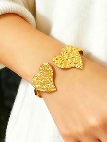 1pc Stainless Steel Heart, Plum Blossom, Sunflower Design Adjustable Open Bangle Bracelet For Women - Golden Heart - View 2