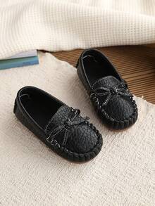 1双儿童PU平底鞋，儿童软底运动鞋复古休闲鞋，男童一脚蹬乐福鞋，女童正装皮鞋，适合幼儿、上学、外出穿着 - 黑色 - 查看 5