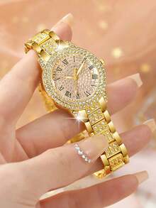 女士腕表，优雅时尚，圆形表盘镶嵌水钻，石英表套装，包含项链、手链、耳环和戒指，是日常佩戴、生日礼物、返校季、感恩节、情侣场合的理想之选。（不含表盒） - 金色 - 查看 5