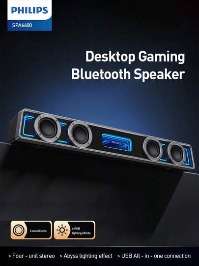 PHILIPS 适用于台式电脑的蓝牙5.3镜面电脑音箱，带动态RGB灯光，双连接模式电脑条形音箱，游戏音箱