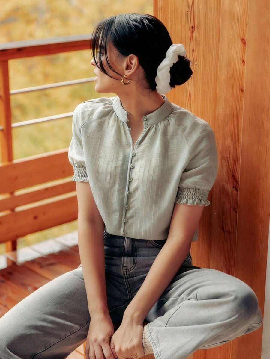 Women's Elegant Button Decor Flowy Lightweight Ruffle Sleeve Blouse, Suitable For Holiday Outings And Vacations Summer - Mint Green - View 1