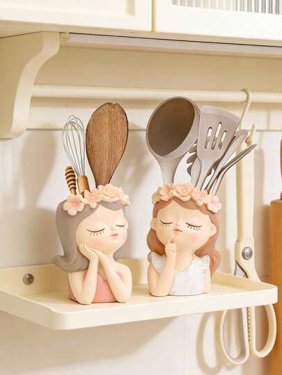 Durable Resin Cute Girl Figurine Kitchen Utensil Holder - Floral Crown Design Countertop Organizer For Spatulas, Whisks, Spoons & Daily Cooking Tools - Whimsical Boho Decor Accent For Kitchen Counter, Bathroom Vanity Or Home Office Desk - Space-Saving Storage Solution With Adorable Closed-Eye Girl Sculpture, Ideal For Farmhouse, Cottagecore & Aesthetic Home Decor Enthusiasts