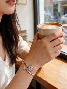 Adjustable Geometric Zirconia Bracelet For Women, Simple Sun And Moon Micro-Encrusted Bracelet - Bạc - Xem 4