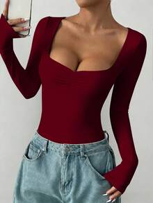 imisic Gaun Bodycon Seksi Lengan Panjang Berkerah V dengan Detail Kerut. Garis lehernya didesain dalam bentuk V yang dalam. Ini adalah gaya dasar yang pas di badan, cocok untuk dipakai di luar ruangan, dan juga memiliki efek melangsingkan. Ini adalah gaun lengan panjang berkerah V yang ketat, cocok untuk olahraga, penggunaan di rumah, dan aktivitas sehari-hari. - Burgundy - View 6