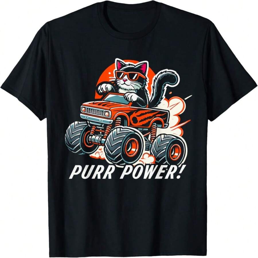 Cat Lover - Purr Power Funny Cat Monster Truck T-Shirt - Đen 1 - Xem 1