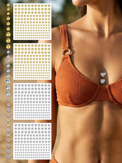 假胸钉，2张假穿孔贴纸，可粘贴在穿孔部位，也适用于鼻钉、眉钉、鼻钉、唇钉，适合派对和日常佩戴。