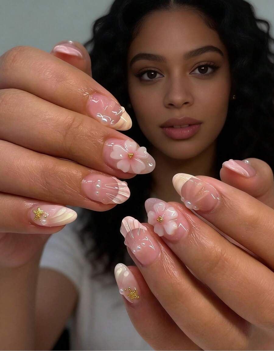 24pcs Short Oval 3D Gel Nail Stickers, Create Faux Pearl Flower Nail Art, French Acrylic Press-On Nails, Short Size Perfectly Fit False Nails Set, Includes: 1pc Jelly Gel And 1pc Nail File, Easy To Wear, French Nail Stickers Suitable For Women And Girls For Daily, Party And Other Occasions Nail Supplies - 多色 2 - 查看 1