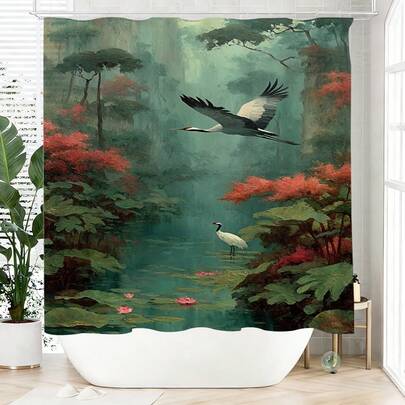 1pc Artistic White Crane Shower Curtain, Made Of Polyester, Waterproof, Non-Shading, Suitable For Home And Bathroom Decor, Comes With 12 Hooks