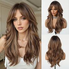 Perruque ondulée de 22 pouces de long avec frange sur le côté, racines foncées, perruque brune pour femmes avec ombré brun et blond. Perruque synthétique résistante à la chaleur pour usage quotidien, fête et cosplay - Brun ombré - Voir 12