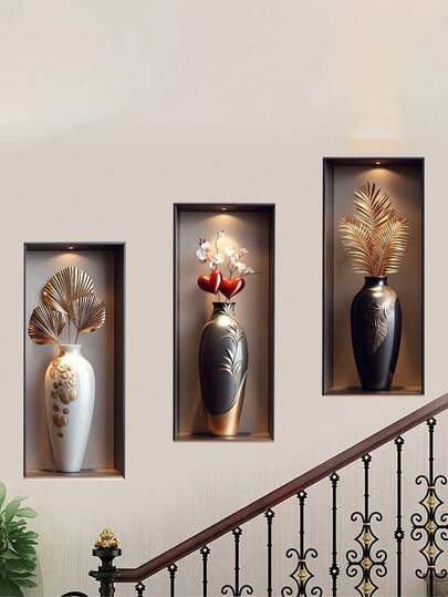 3 pièces Vase plat moderne 2D en or avec sticker mural de plante artificielle, décoration artistique élégante et de luxe pour le salon, la chambre, le couloir, l'escalier, effet visuel créatif amovible