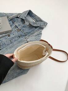 Bolso de cubo tejido de paja de estilo vacacional de moda, bolso de hombro cruzado versátil de gran capacidad para mujeres - Blanco - Ver 7