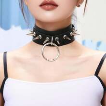 PU皮革夸张原宿风圆形项圈项链，铆钉尖刺颈链，适合夜店和街头佩戴 - 黑色 - 查看 1